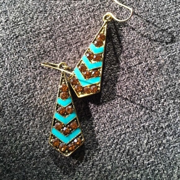 1928 Turquoise Enamel, Amber Rhinestone, Gold Dangle Earrings - Picture 1 of 7